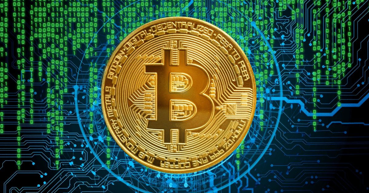 Bitcoin cryptocurrency coin on a digital circuit background, representing Bitcoin basics and mining processes.