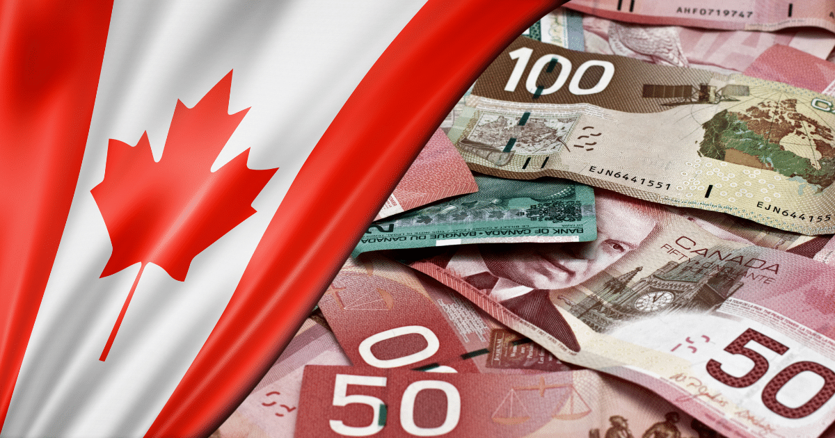 Canadian flag with various banknotes symbolizing growth in the alternative finance market and investment opportunities.